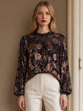 Scotch & Soda Velvet Burnout Blouse | Sheer 'Old Money' Luxe | Black & Blush |